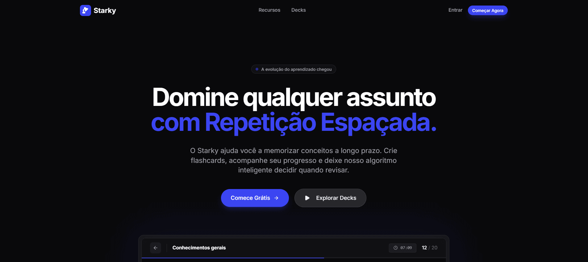 Página inicial do Starky, plataforma de flashcards com repetição espaçada.