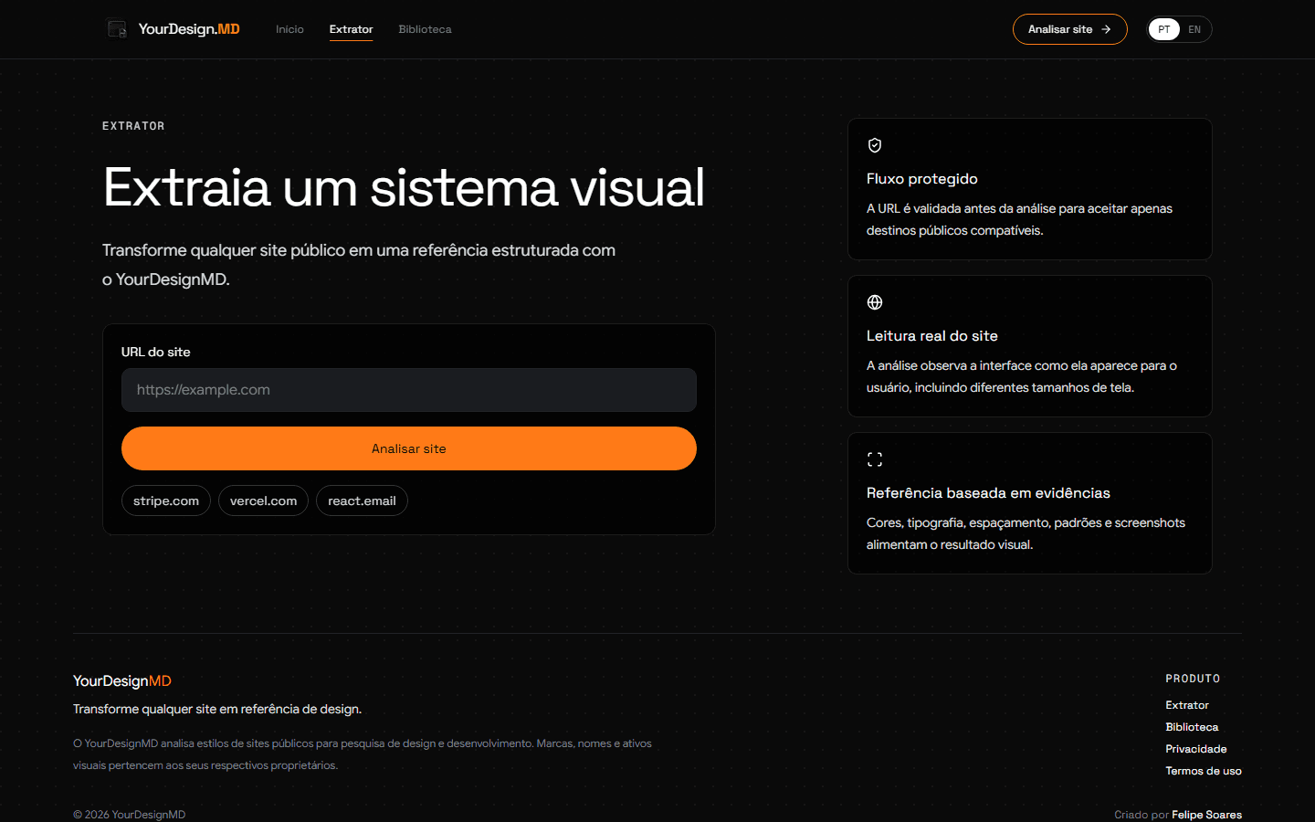Tela do extrator com campo de URL e explicação do fluxo de análise protegida.