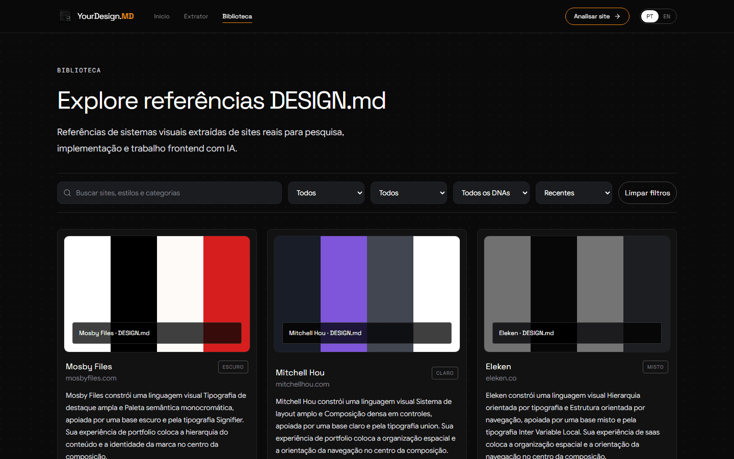 Biblioteca de sistemas visuais extraídos de sites, com busca e filtros.